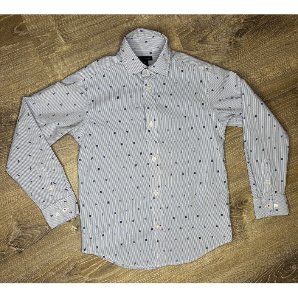 Tommy Hilfiger Youth Button Up Long Sleeve Shirt Blue White Striped‎ Logo Sz 10
